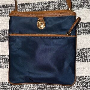 Michael Kors blue & tan nylon & leather crossbody compact travel pockets purse